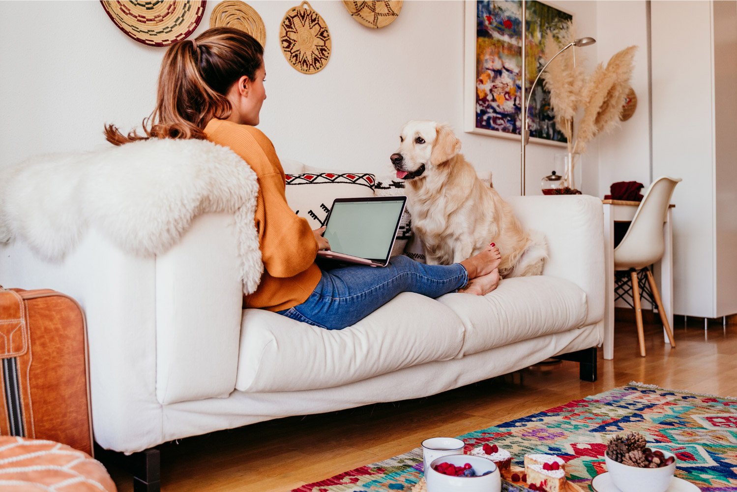 woman using computer with dog on sofa