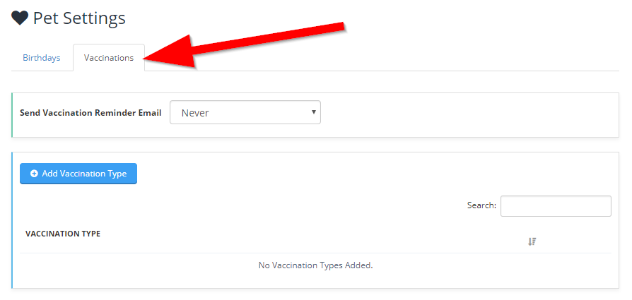 Vaccinations Tab In Pet Settings