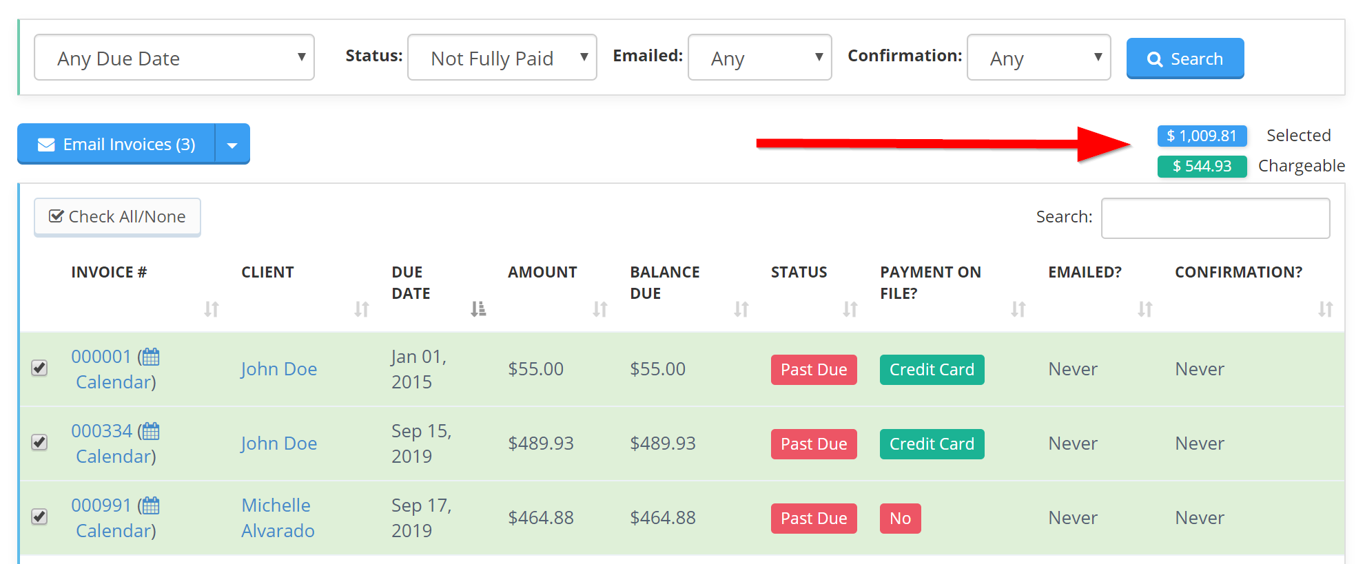Screenshot of total showing on bulk invoicing page