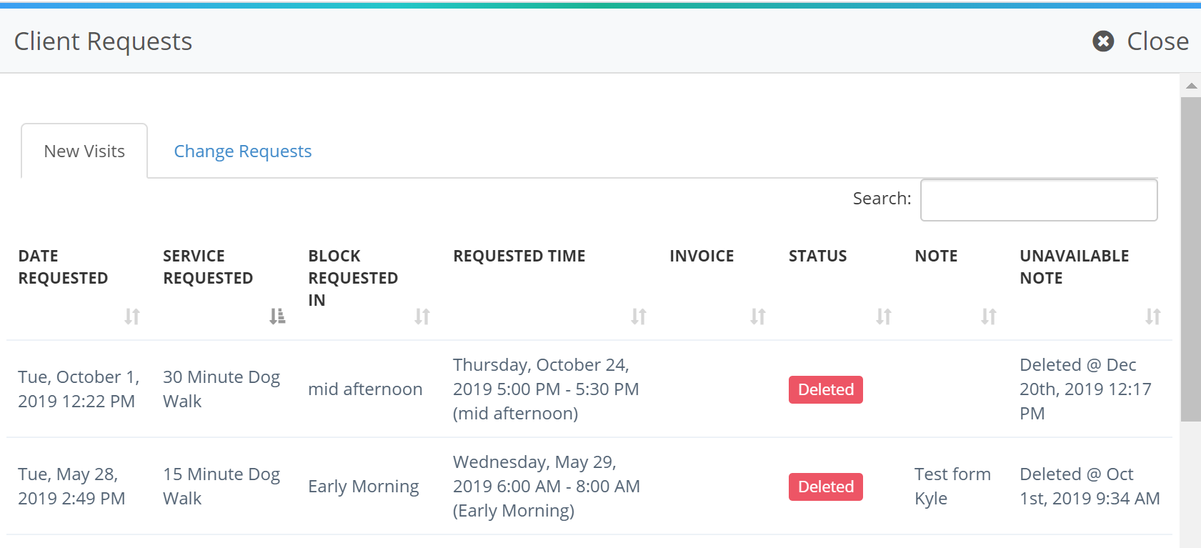 Screenshot of deleted pending events reporting