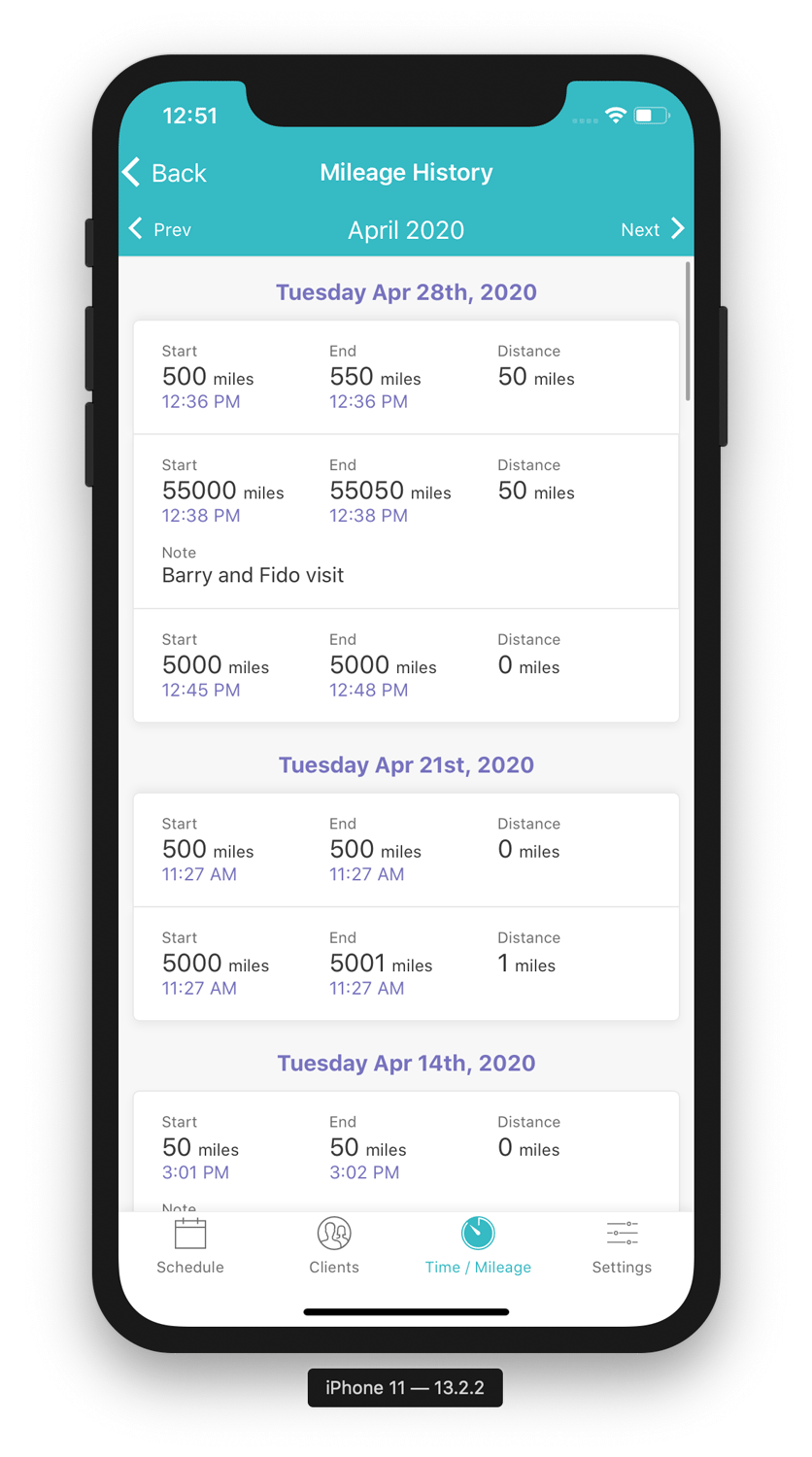 Mileage Tracking History Screenshot from Time To Pet App