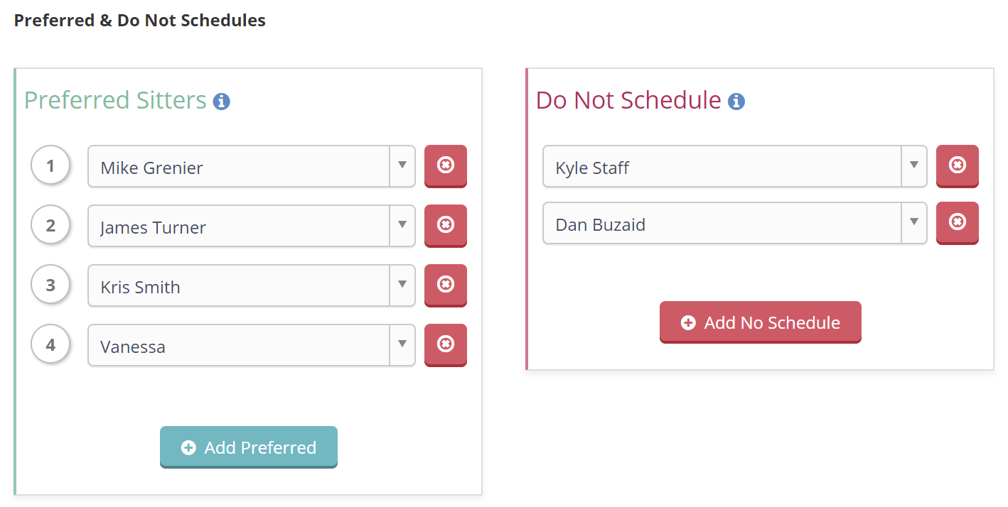 Unlimited Preferred Sitter and Do Not Schedule Sitter Tool on Client Profile